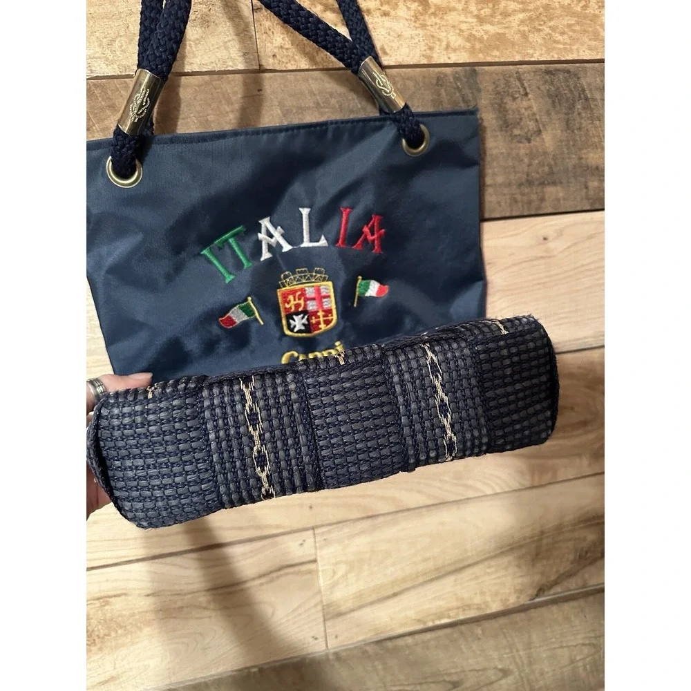 Vintage Italia Capri Navy Blue Nylon Women's Tote Handbag Embroidered Nautical